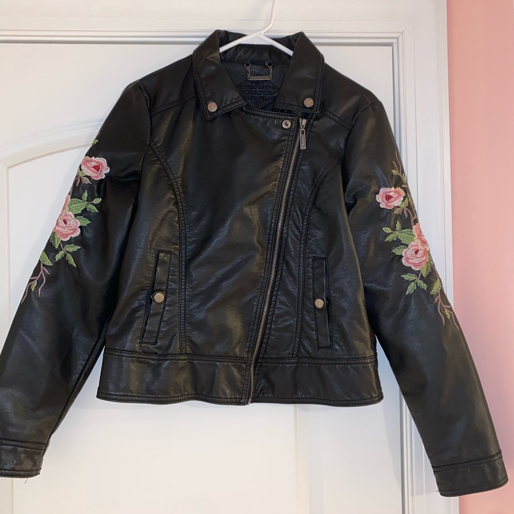 Floral black faux leather jacket